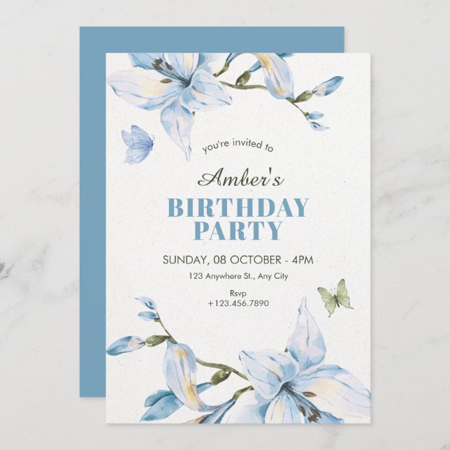 Aesthetic blue flower bloom birthday einladung (Vorne/Hinten)