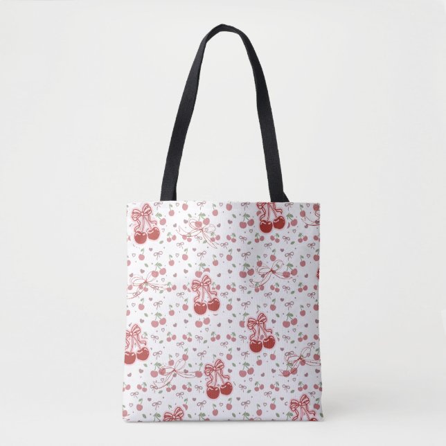 Aesthetic Cherry Tote Bag with Hearts & Bow (Vorderseite)