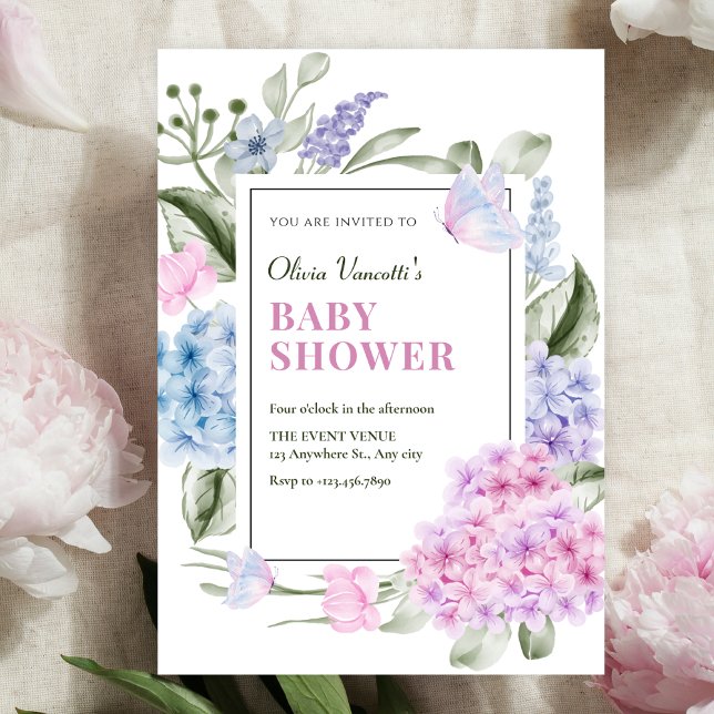 Aesthetic Floral hydrangea baby shower Einladung (Von Creator hochgeladen)
