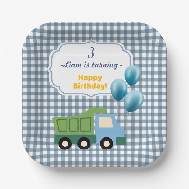 Aesthetic Gingham Blue Construction 3rd Birthday  Pappteller (Vorderseite)