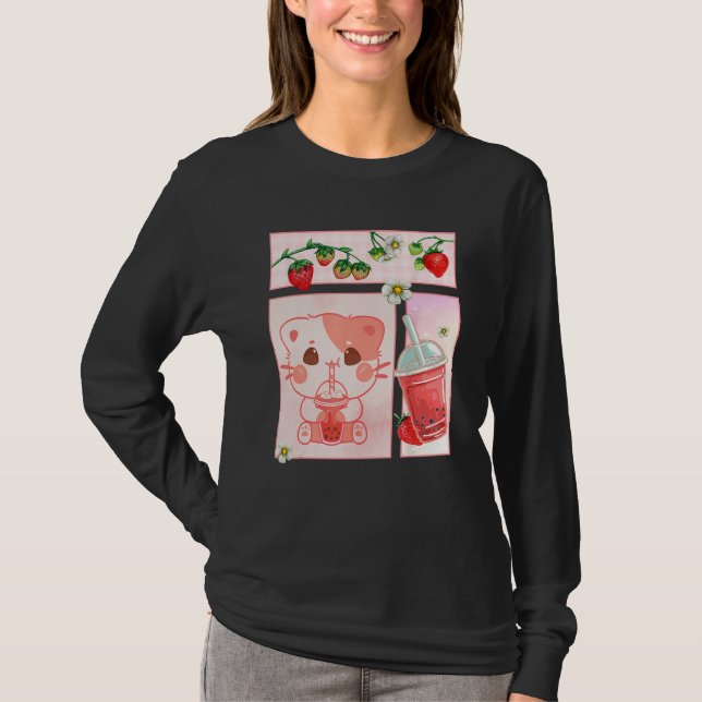 Aesthetic Harajuku Cute Cat Drink Strawberry Boba  T-Shirt (Vorderseite)