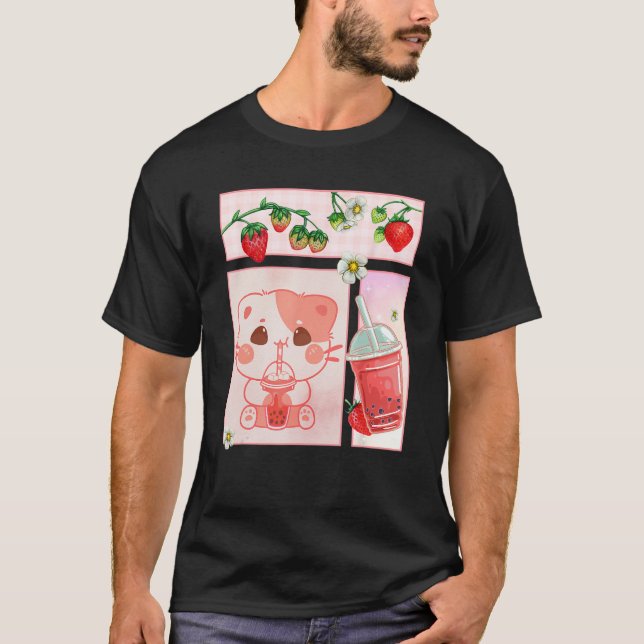 Aesthetic Harajuku Cute Cat Drink Strawberry Boba  T-Shirt (Vorderseite)