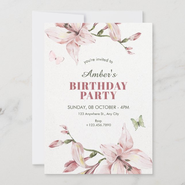 Aesthetic pink flower bloom birthday einladung (Vorderseite)