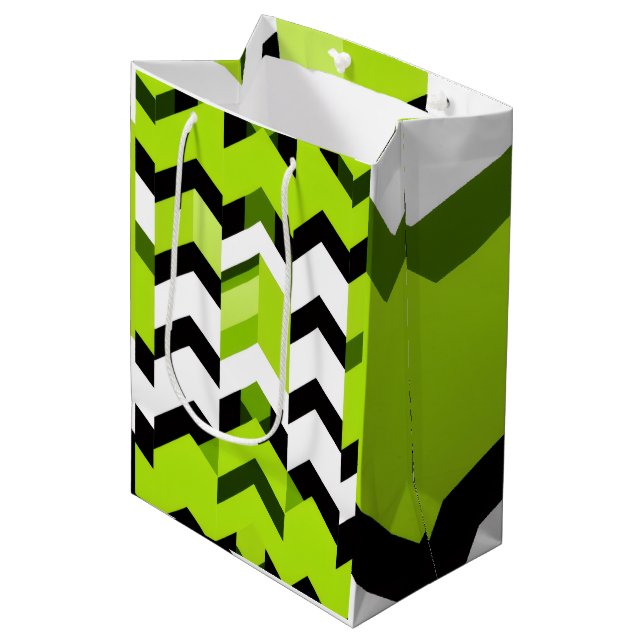 Aesthetic Vibrant Wasabi Chevron Modern Texture Mittlere Geschenktüte (Vorderseite Schrägansicht)