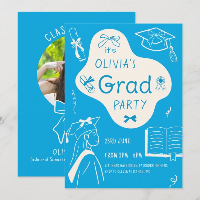 Aesthetic Whimsical Hand Drawn Graduation Party  Einladung (Vorne/Hinten)