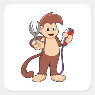 Affe als Friseur mit Schere & Razor Quadratischer Aufkleber