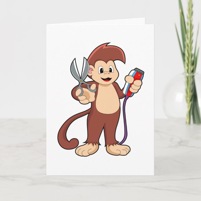 Affe als Friseur mit Schere und Rasiermesser Karte (Vorderseite)