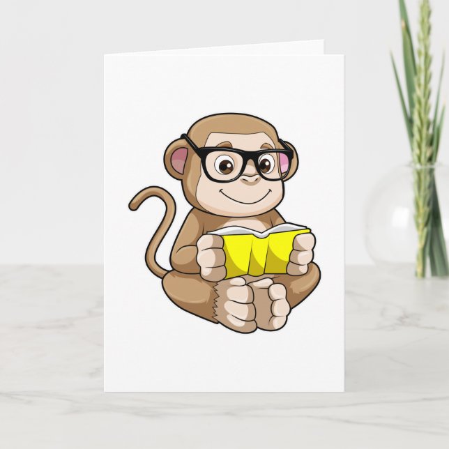 Affe als Schüler mit Brille und Buch Karte (Vorderseite)