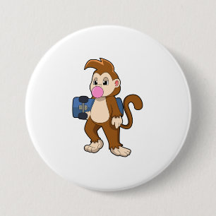 Affe als Skater mit Skateboard Button