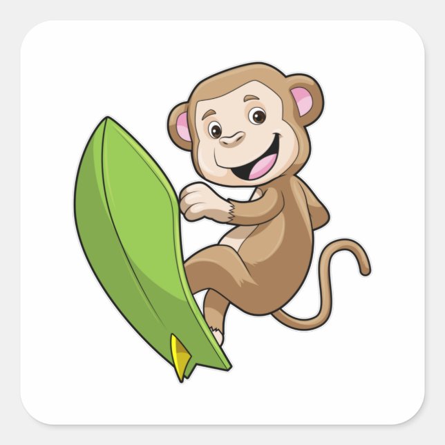 Affe als Surfer mit Surfbrett Quadratischer Aufkleber (Vorderseite)