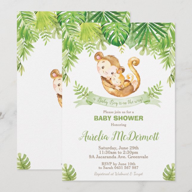 Affe Baby Shower Jungle Animals Baby Boy Einladung (Vorne/Hinten)