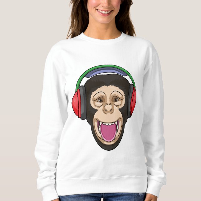 Affe bei Musik mit Headphone Sweatshirt (Vorderseite)