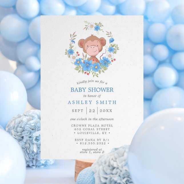 Affe Blue Floral Boy Baby Dusche Einladung (Von Creator hochgeladen)