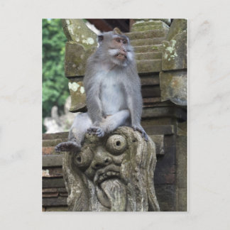 Affe, der an einer Statue in Bali sitzt Postkarte