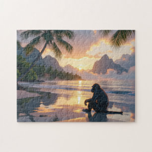 Affe, die den Sonnenuntergang am Strand beobachten Puzzle