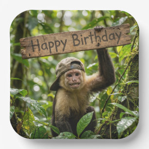 Affe hält ein Happy Birthday Schild Pappteller