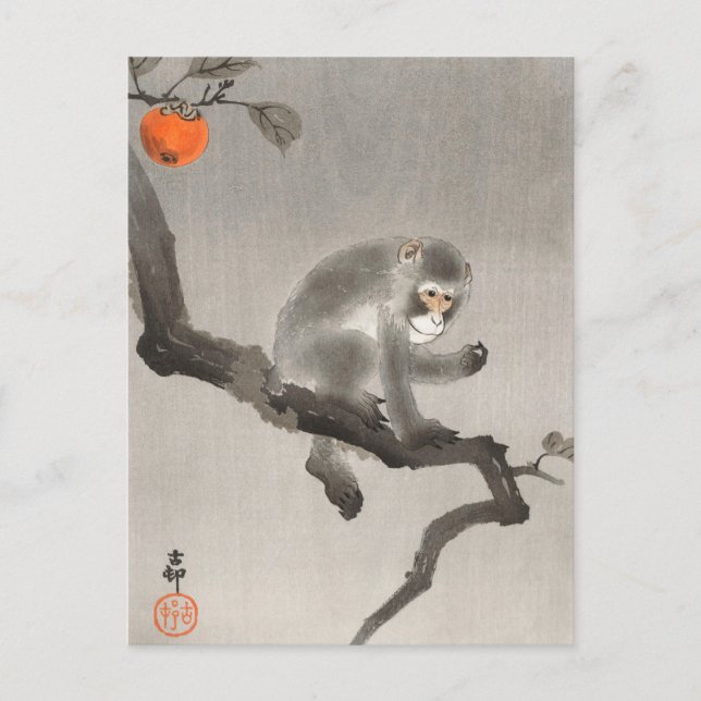 Affe in Cockatoo-Malerei von Ohara Koson Postkarte (Vorderseite)