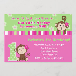 Affe-Mädchen-1. Geburtstags-Einladungs-12x18 Karte
