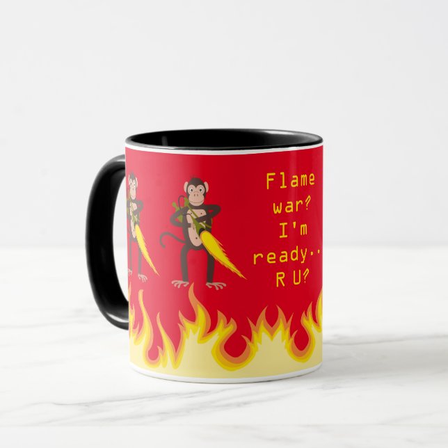Affe mit einem Flammenwerfer-Internet-Flammenkrieg Tasse (Vorderseite Links)