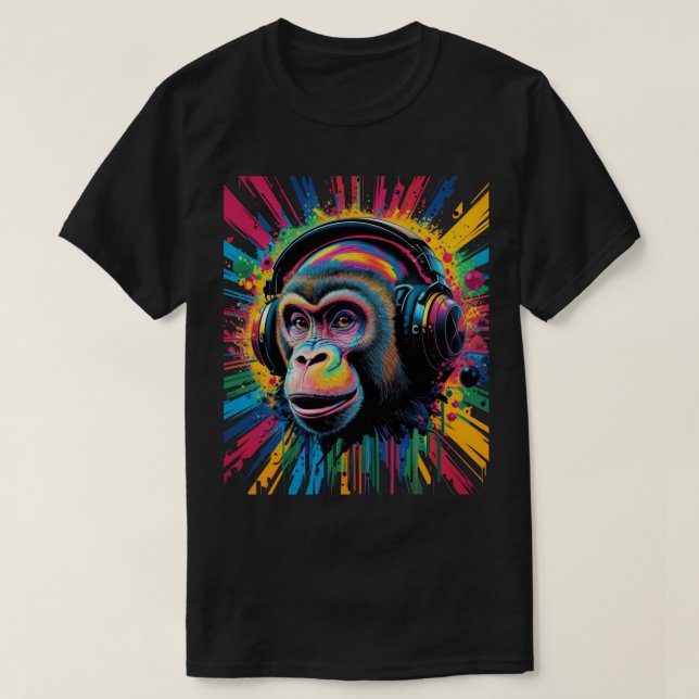 Affe mit Kopfhörer Splash of Paint Vibrann T-Shirt (Design vorne)