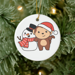 Affe mit Schneemann im Winter für Weihnachten Cera Keramik Ornament