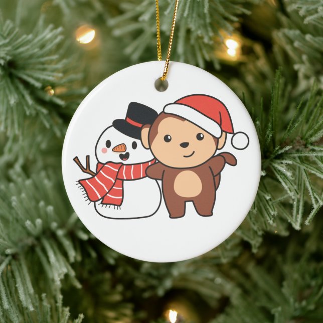 Affe mit Schneemann im Winter für Weihnachten Cera Keramik Ornament (Baum)
