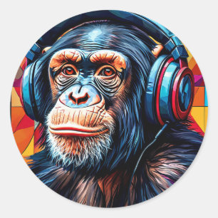 🐵 Affe Musikliebhaber-Geschenk Für Tier Kopfhörer Runder Aufkleber