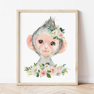 Affe, Safari, Dschungel, rosa Blumen, Mädchen-Kind Poster