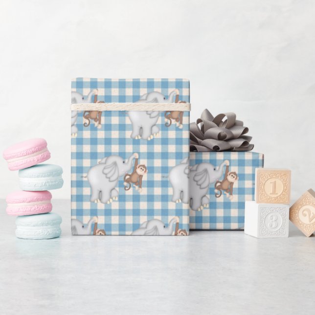 Affe und Elefant über Gingham Geschenkpapier (Babyparty)