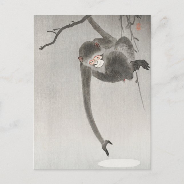 Affe und Mondreflektion von Ohara Koson Postkarte (Vorderseite)