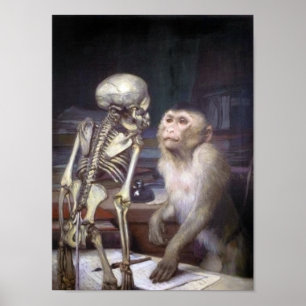 Affe vor Skelett Poster