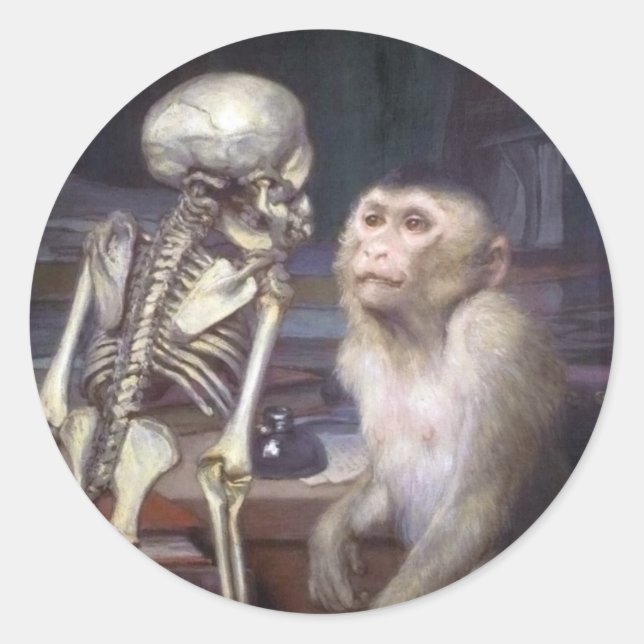 Affe vor Skelett Runder Aufkleber (Vorderseite)