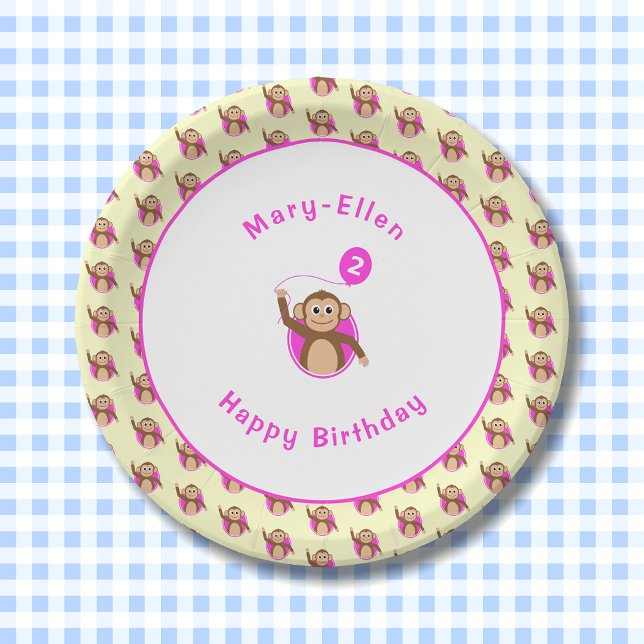 Affe zum 2. Geburtstag rosa Creme-Muster Pappteller (Von Creator hochgeladen)