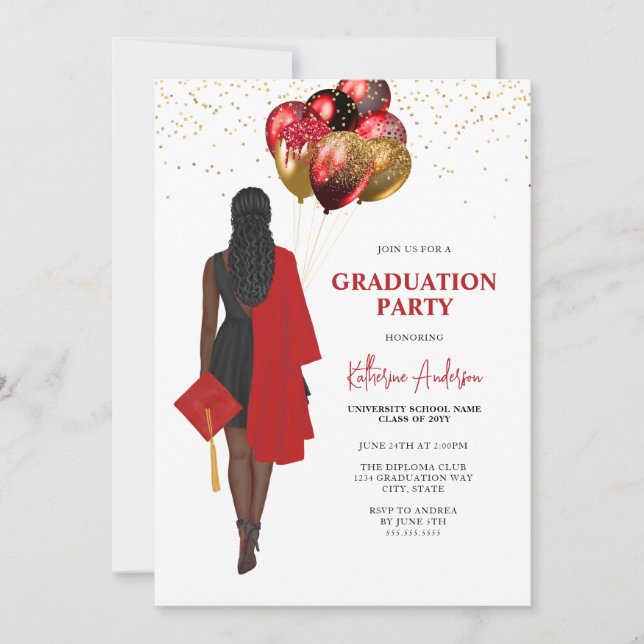 AfFemale Red Graduation Party Einladung (Vorderseite)