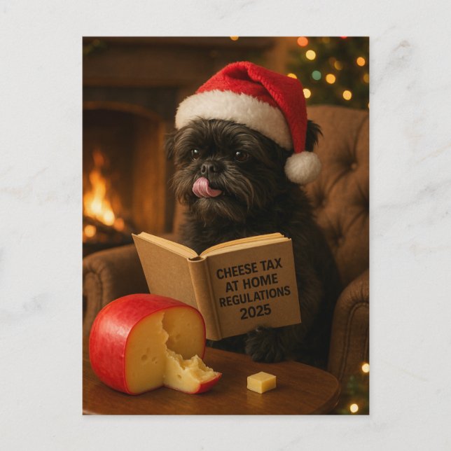 Affenpinscher 'Cheese Tax' Christmas postcard Postkarte (Vorderseite)
