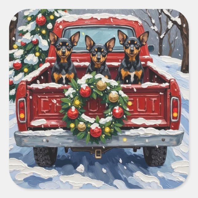 Affenpinscher Christmas Red Truck Holiday Quadratischer Aufkleber (Vorderseite)