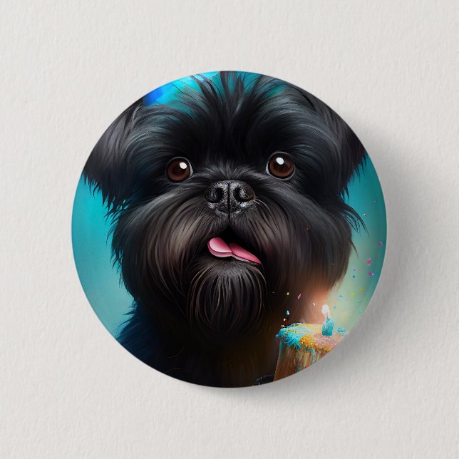 Affenpinscher feiert Geburtstag Luftballons Kuchen Button (Vorderseite)