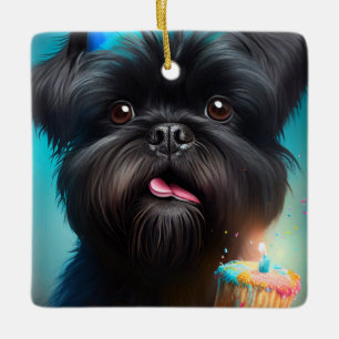 Affenpinscher feiert Geburtstag Luftballons Kuchen Keramikornament