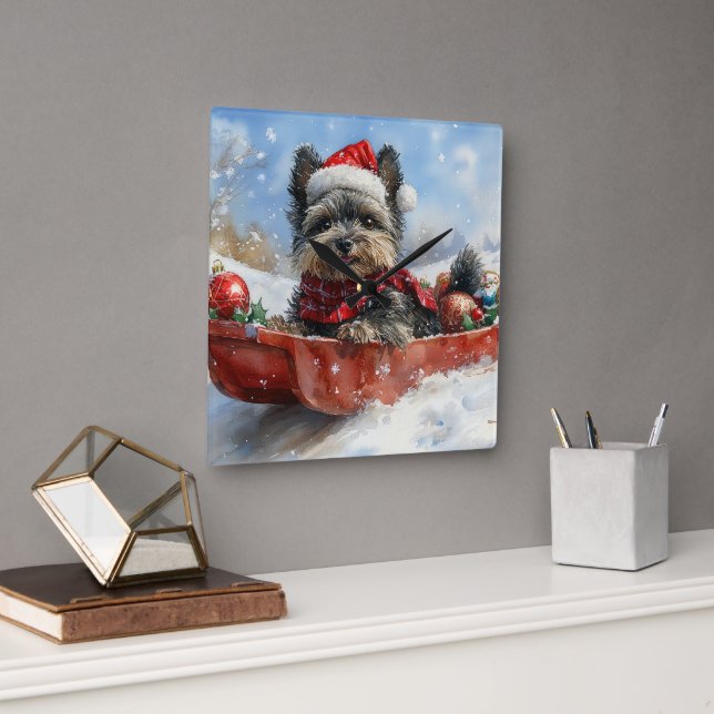 Affenpinscher Hund in Sledge Let it Snow Christmas Quadratische Wanduhr (Büro)