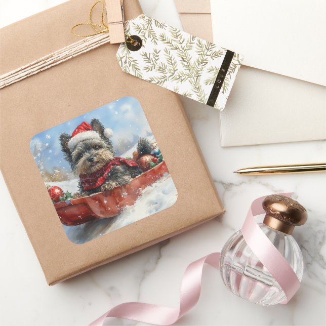Affenpinscher Hund in Sledge Let it Snow Christmas Quadratischer Aufkleber (Schenken)