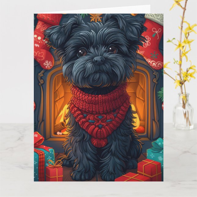 Affenpinscher Hund mit Weihnachtsgeschenken Feuerp Karte (Gelbe Blume)