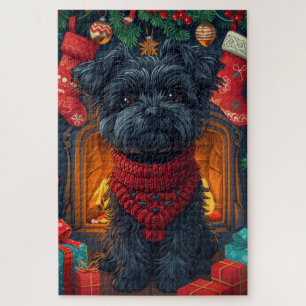 Affenpinscher-Hund mit Weihnachtsgeschenken Kamin Puzzle