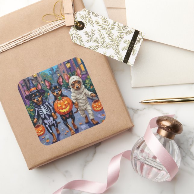 Affenpinscher Hunde Trick-or-Treating zu Halloween Quadratischer Aufkleber (Schenken)