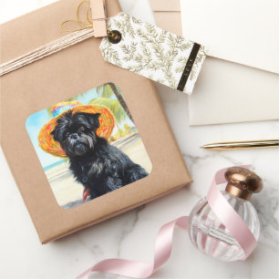 Affenpinscher on Beach, Sommergeschenk für Hundefr Quadratischer Aufkleber