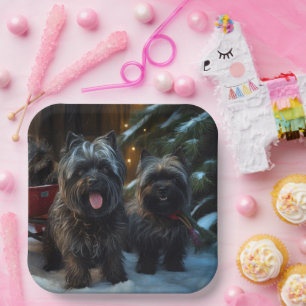 Affenpinscher Schneebedeckte Schlittenfahrt Weihna Pappteller