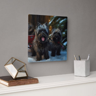 Affenpinscher Schneebedeckte Schlittenfahrt Weihna Quadratische Wanduhr
