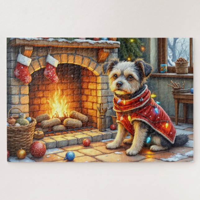 Affenpinscher Sitting Fireplace Christmas Lights Puzzle (Horizontal)