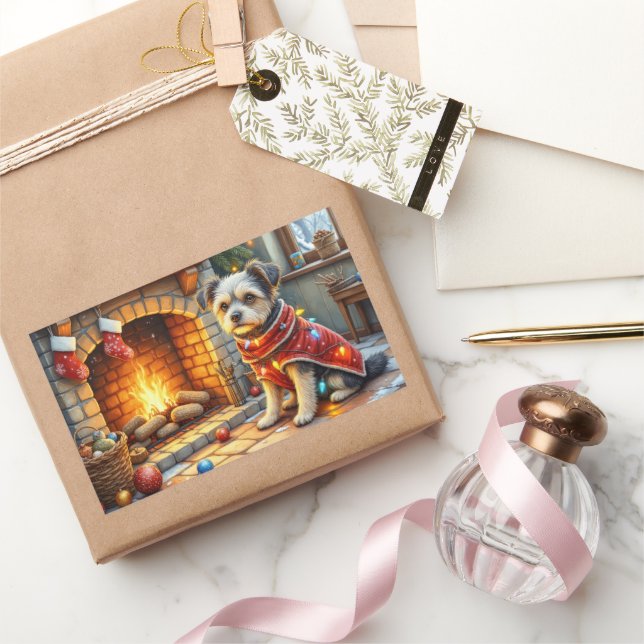 Affenpinscher Sitting Fireplace Christmas Lights Rechteckiger Aufkleber (Schenken)