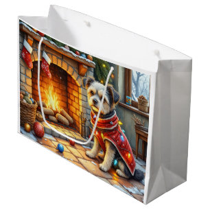 Affenpinscher sitzt vor dem Kamin mit Weihnachtsbe Große Geschenktüte