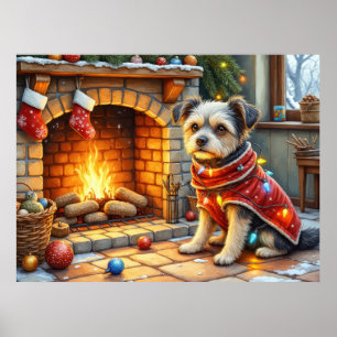 Affenpinscher sitzt vor dem Kamin mit Weihnachtsbe Poster